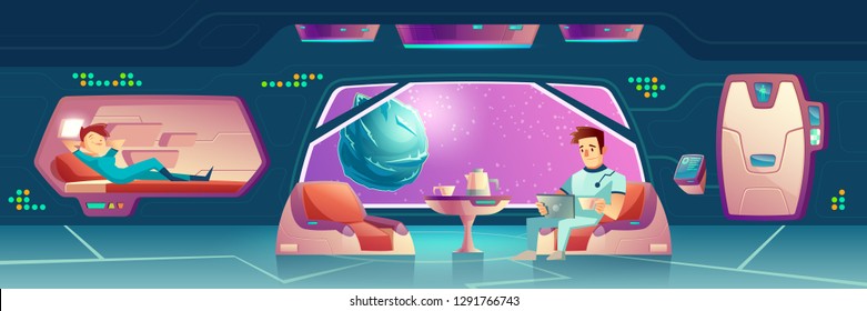 Vector illustration with a bedroom at spaceship with astronauts. Crew members relax, female and male dwellers. Tourists or colonists couple resting in space station, orbital hotel or colony base room