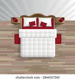 Ilustración vectorial. Dormitorio. (vista superior) 
Cama doble con mesitas de noche. (vista desde arriba) 