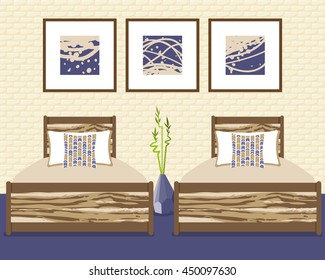 Vector illustration with bedroom for two person in flat style on brick wall background