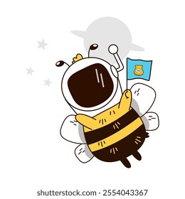 Vector illustration of a bee in an astronaut suit flying through a galaxy made of honey. A whimsical and creative design, perfect for posters, stickers, children’s projects, or space-themed designs.