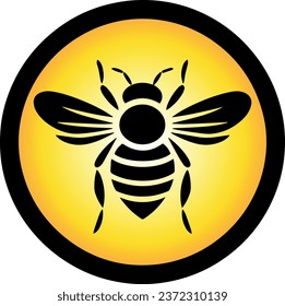 Vector illustration of a bee in a black circle and yellow background, bee icon