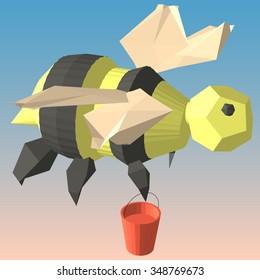 Vector illustration of a bee with bucket in low-polygonal style on a pink and blue background