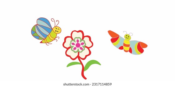 Vector illustration of bee, butterfly, flower on white background.