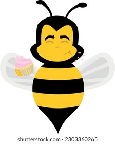 vector illustration of bee cartoon eating a cupcake or muffin