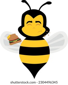 vector illustration of bee cartoon eating a hamburger