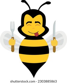 vector illustration of bee cartoon, an expression of yummy how delicious with a knife and fork in his hands