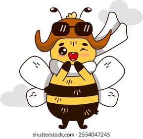 Vector illustration of a bee character in a pilot suit, preparing for takeoff. A fun and dynamic design, perfect for use in children's projects, aviation-themed designs, posters, and more.