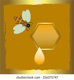 Vector illustration of Bee, a drop of honey, honeycomb.