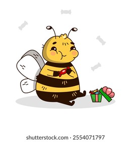 Vector illustration of a bee enjoying candies from a gift box. A sweet and playful design, perfect for use in holiday projects, packaging, candy-themed designs, or children's illustrations.