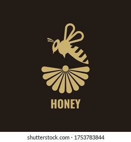Vector illustration of a bee with a flower and the inscription honey. The concept of successful honey extraction. Logo. Flat design.
