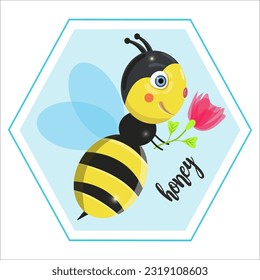 Vector illustration of bee with flower on white background.
Cartoon bee with transparent flower. Honey.