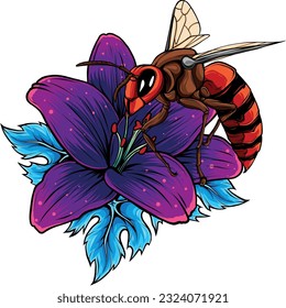 ilustración vectorial de la abeja con el estilo de grabado de flores aislado sobre fondo blanco