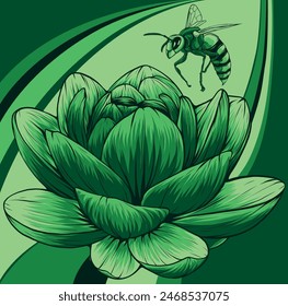 vector illustration of Bee with flowers engraving style isolate on white background