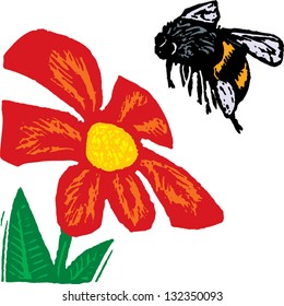 Vector illustration of bee getting pollen from a flower