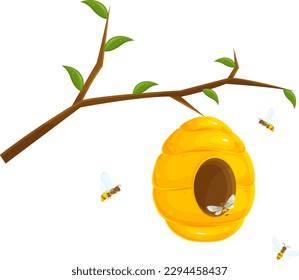 ilustración vectorial de una colmena de abejas en una rama, abejas silvestres, una casa de abejas en un árbol, volando alrededor