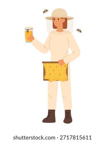 Ilustración vectorial de apicultor en traje blanco sosteniendo tarro de miel y panal. Apicultor en ropa especial con abejas