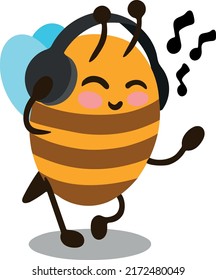 Vector illustration. Bee listens and dances to music from headphones. Design element isolated on white background.