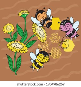 Vector illustration of a bee on a field among the flowers collect nectar on a brown background