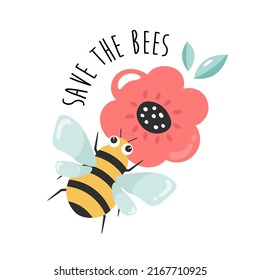 Vector Illustration Of A Bee On A Flower And Text Save The Bees