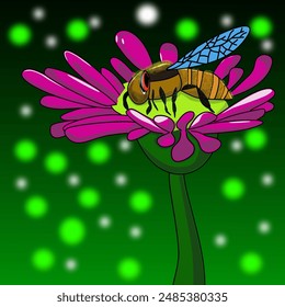 Vector illustration of a bee on a flower. Bee on a flower. Insect, bee, illustration, flower, blossom, plant. Defocused background behind object.