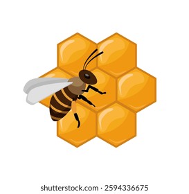 Vector illustration of a bee on a glossy honeycomb with a natural yellow design. Perfect for eco-friendly and agriculture-related designs.