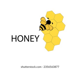 Vector illustration of a bee on a honeycomb on a white background with the inscription honey