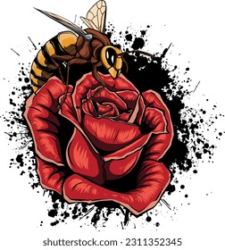 vector illustration of bee on rose art design