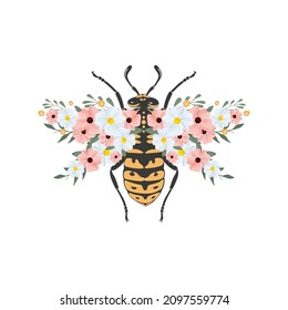 Vector illustration of a bee with open wings, top view, decorated with flowers and leaves symmetrically on a white background