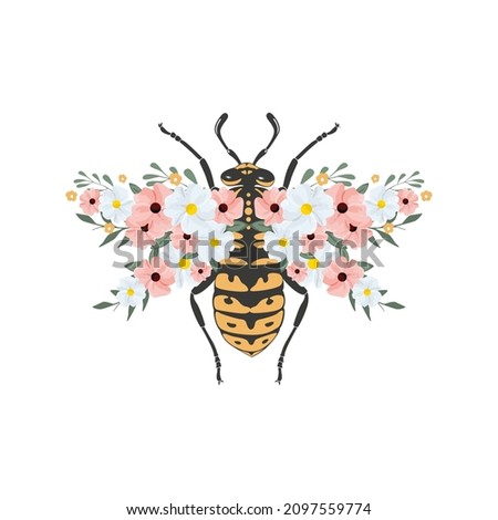 Vector illustration of a bee with open wings, top view, decorated with flowers and leaves symmetrically on a white background