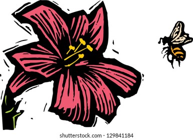 Vector illustration of bee pollinating flower