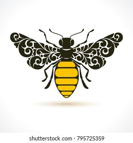 Vector illustration bee - symbol, icon, design element. Abstract Ornamental pattern honeybee isolated on white background