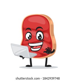 vector illustration of beef character or mascot presentation with laptop
