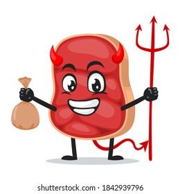 vector illustration of beef character or mascot Wearing devil costume and holding trident