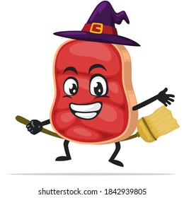 vector illustration of beef character or mascot wearing witch costume and ride flying broom