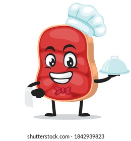 vector illustration of beef character or mascot wearing chef hat and serve food