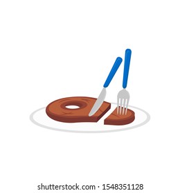 Vector illustration of beef steak meat and a piece of steak on the plate, fork and knife on white background