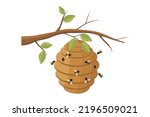 Vector illustration of a beehive. Illustration of a beehive on a tree branch. A swarm of bees perched on the hive