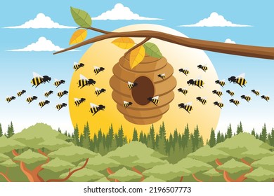 Vector illustration of a beehive. Illustration of a beehive on a tree branch. A swarm of bees perched on the hive