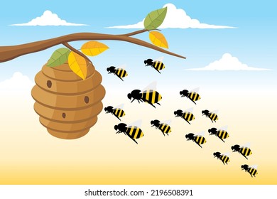 Vector illustration of a beehive. Illustration of a beehive on a tree branch. A swarm of bees perched on the hive