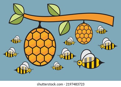 Vector illustration of a beehive. Illustration of a beehive on a tree branch. A swarm of bees perched on the hive