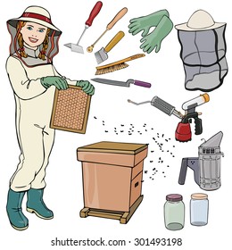 Vector illustration, beekeeper gear, cartoon concept, white background.