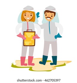 vector illustration of beekeepers in the apiary. People in protective clothing. Man and woman. with honey in his hands
