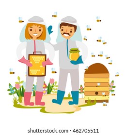 vector illustration of beekeepers in the apiary. People in protective clothing. Man and woman. with honey in his hands. home for bees
