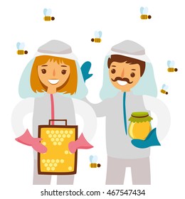 vector illustration of beekeepers in the apiary. People in protective clothing. Man and woman. with honey in his hands and bee