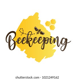 Vector illustration of a 'beekeeping' lettering. Logo design template with spoons of honey and a bee