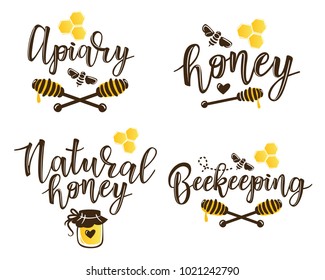 Vector illustration of beekeeping set. Logo design template for with spoons of honey and bee