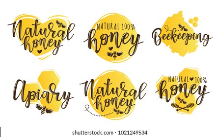 Vector illustration of beekeeping set. Logo design template with spoons of honey and bee