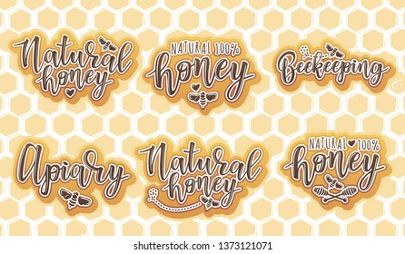 Vector illustration of beekeeping sticker set. Logo design templates with spoons of honey and bee