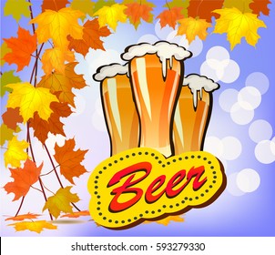 Vector illustration of beer against the backdrop of autumn foliage