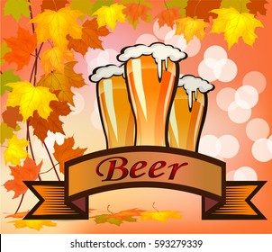 Vector illustration of beer against the backdrop of autumn foliage